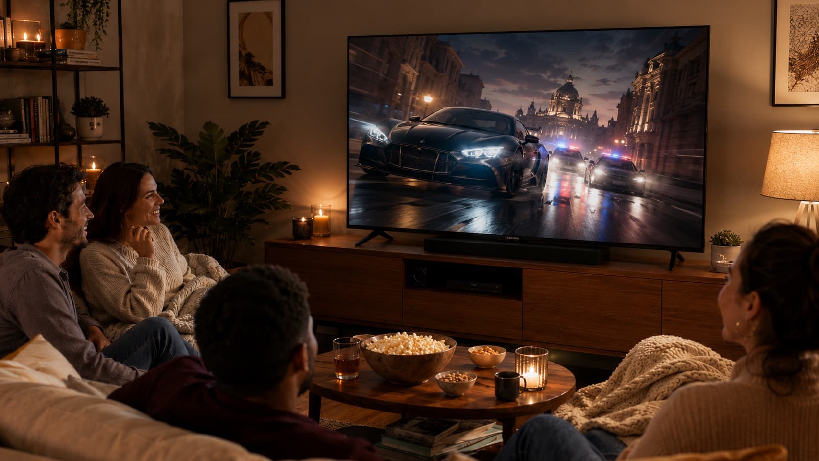 Familia viendo una película en una pantalla grande en su sala